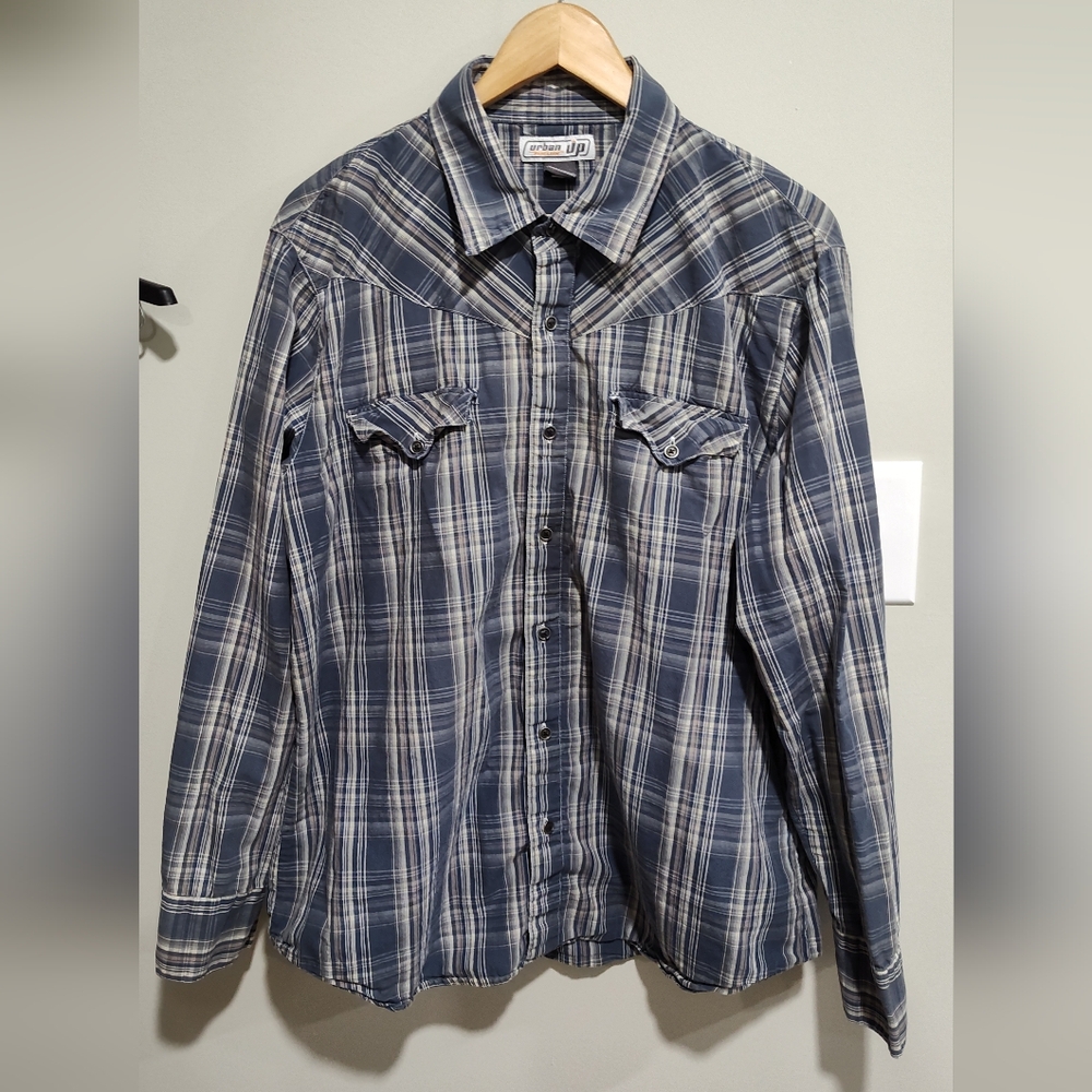 Vintage Urban Pipeline Men's Long Sleeve Button Up Plaid Metal Buttons Shirt  XL